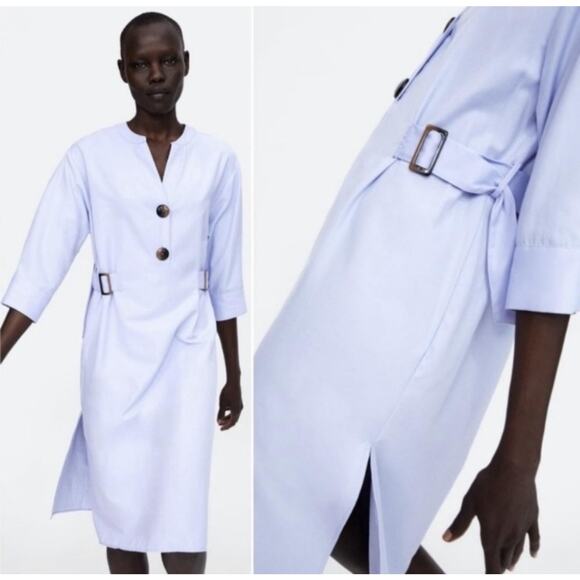 Zara Dress Womens XL Blue Belted Shirt Midi Henley 3/4 Sleeve Work Office - Picture 2 of 8